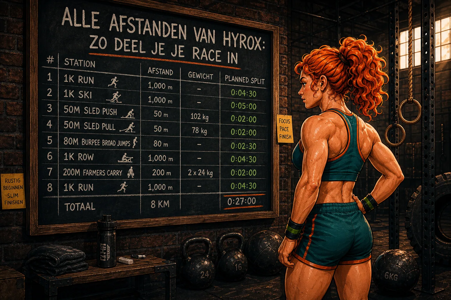 Atleet die zich voorbereidt op de gewichten en afstanden van een HYROX race met tactische planning.