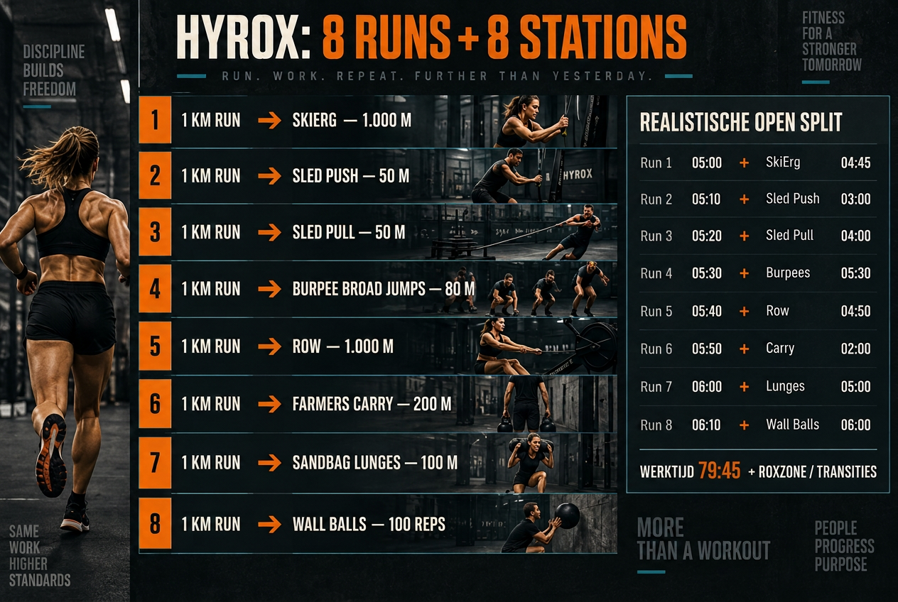 De officiële HYROX-volgorde met acht runs, acht stations en een realistische Open-racesplit.