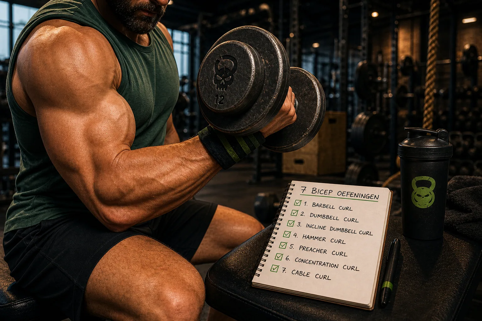 Man traint zijn biceps met een perfect uitgevoerde dumbbell curl in de sportschool