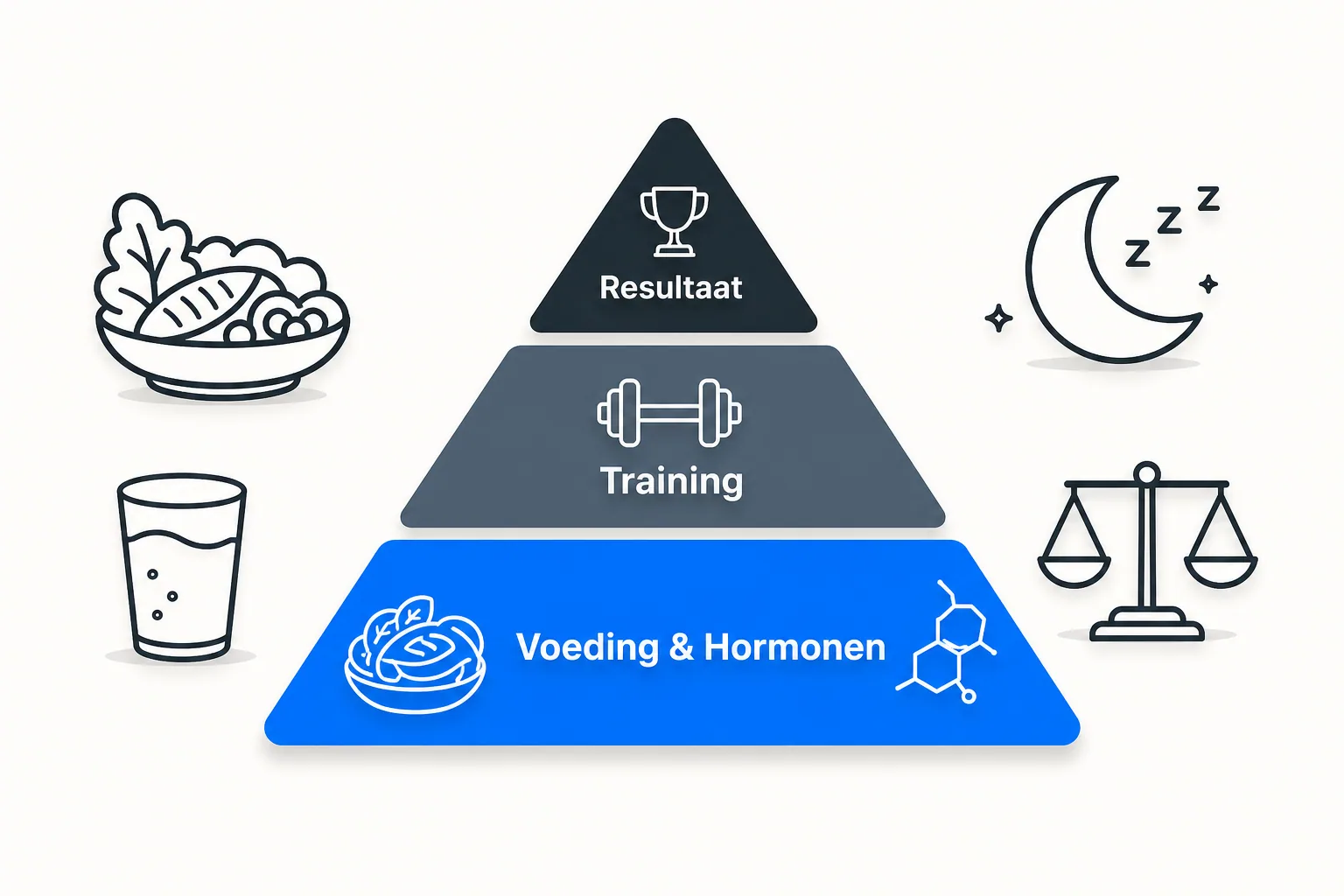 A minimalist 2D vector infographic showing a tiered hierarchy where nutrition and hormones form the large foundation for fitn