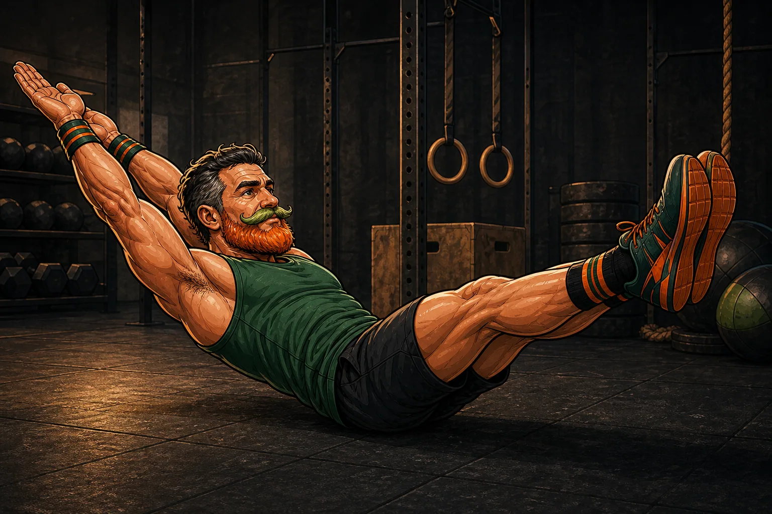 Atleet die een perfecte actieve plank uitvoert op de vloer in een CrossFit box