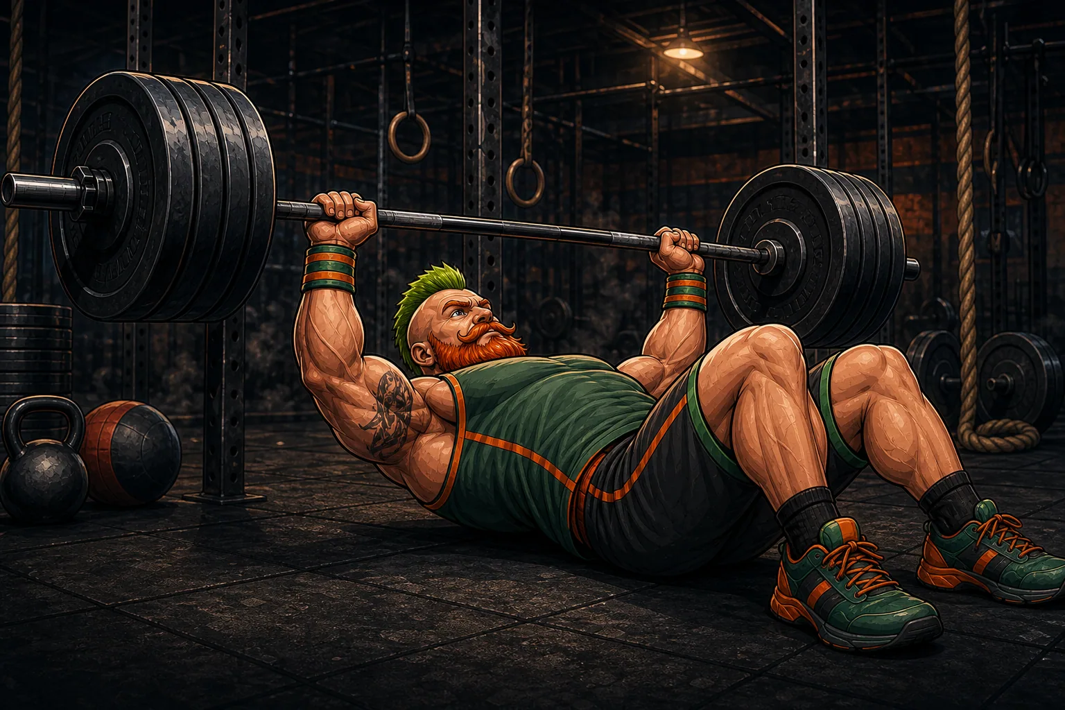 Een atleet voert een zware dumbbell bench press uit tijdens een workout