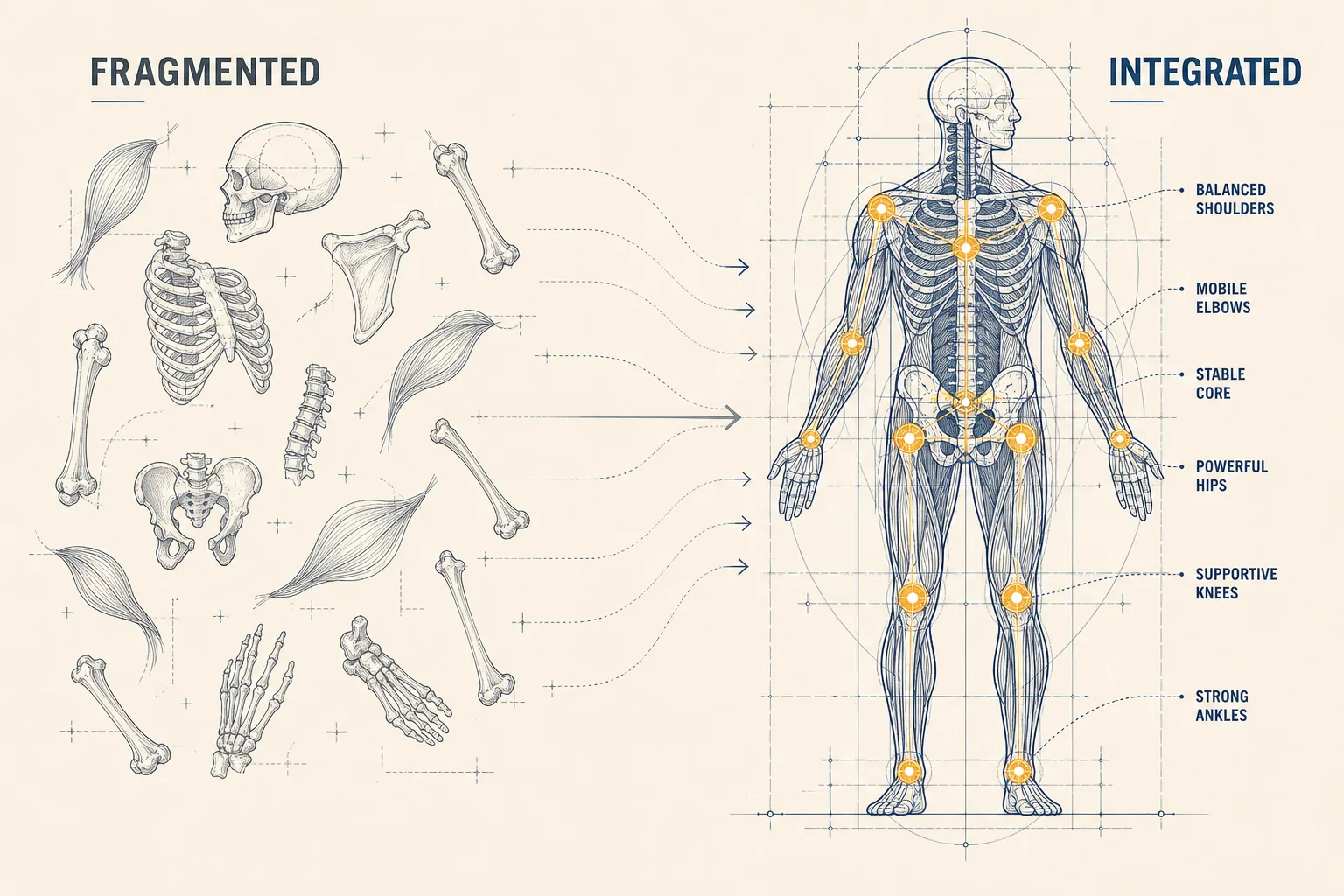A conceptual architectural blueprint comparing scattered geometric body parts to a fully integrated, systematic human silhoue