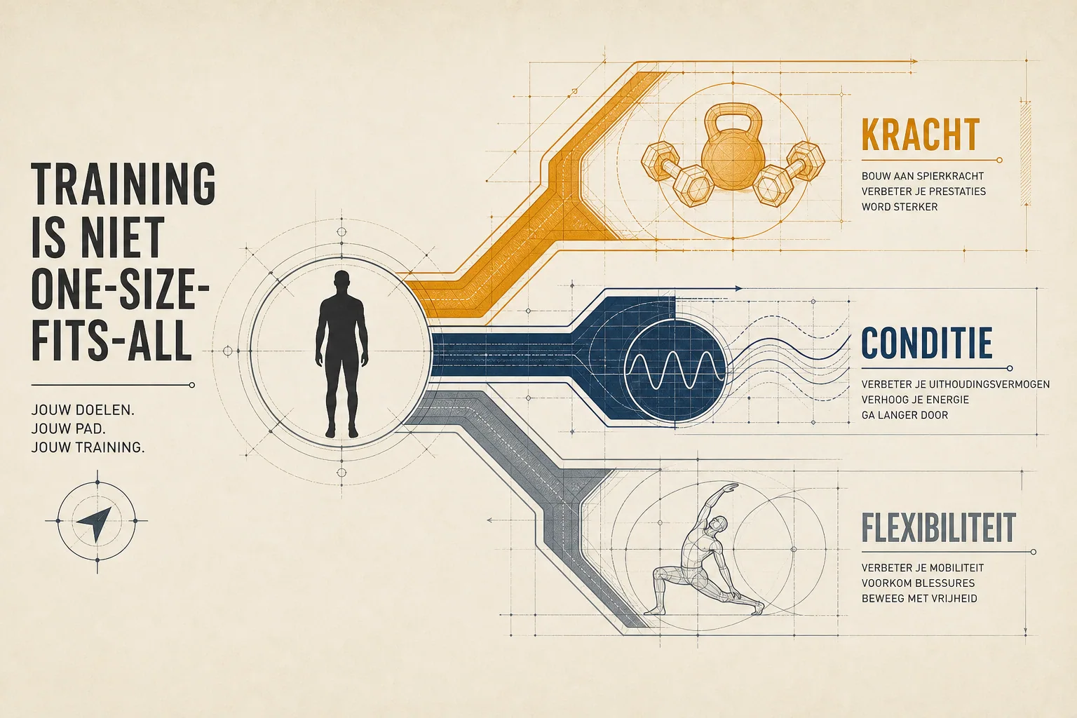 A minimalist 16:9 editorial infographic showing three divergent training paths—Strength, Conditioning, and Flexibility—branch