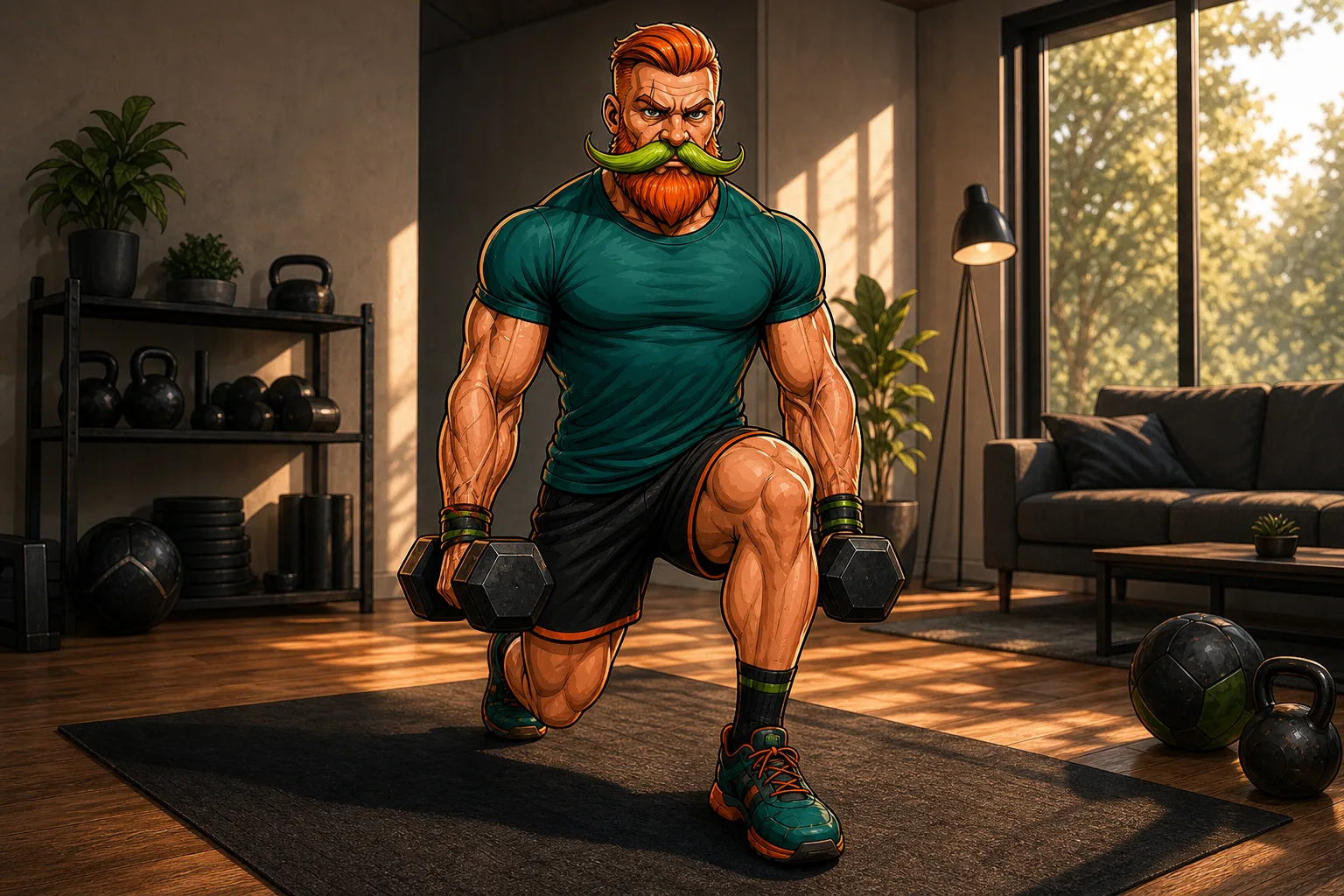 Sporter doet thuis fitness oefeningen met dumbbells voor een HYROX workout