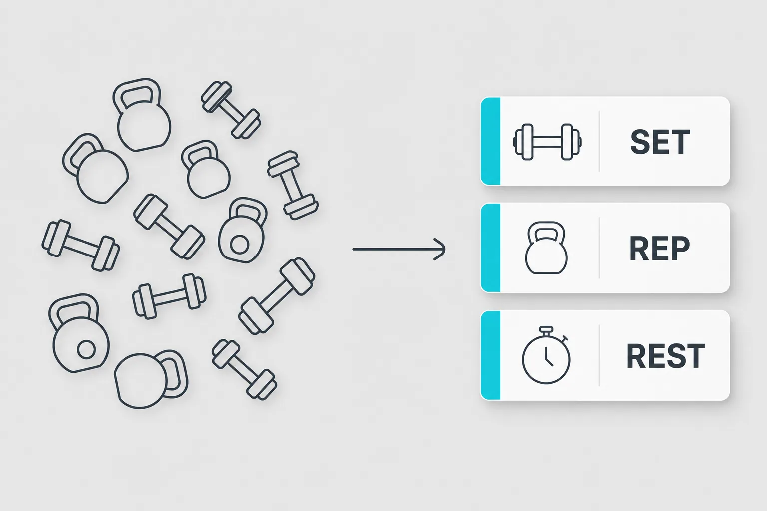 An infographic showing the transition from a messy pile of weight icons to a structured, three-step training schedule using a
