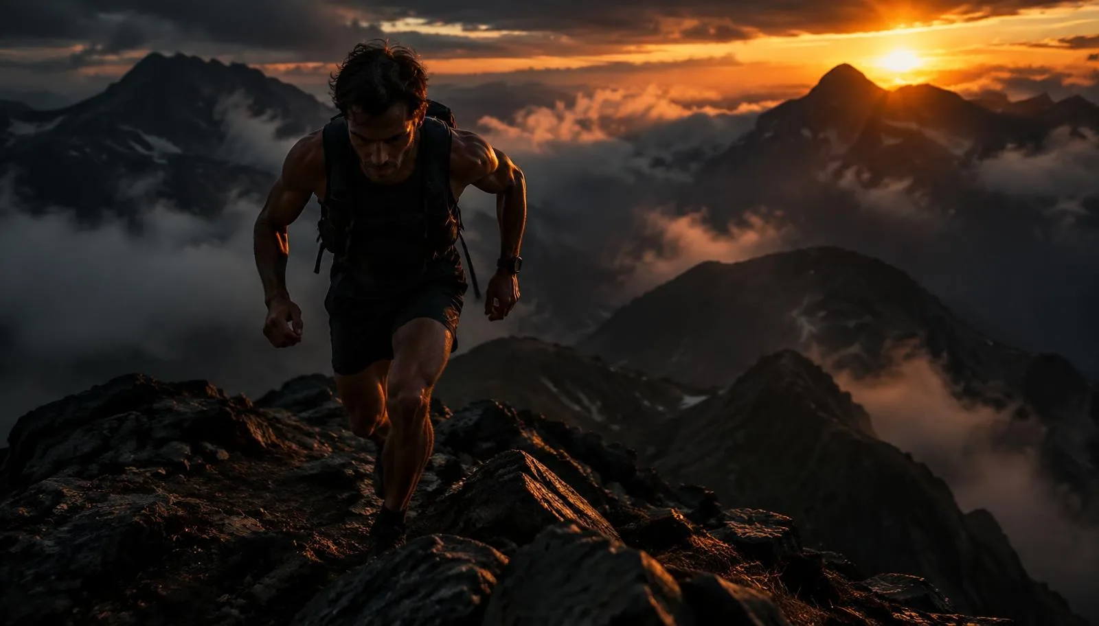Trailrunner klimt bij zonsopkomst over een rotsachtige bergkam