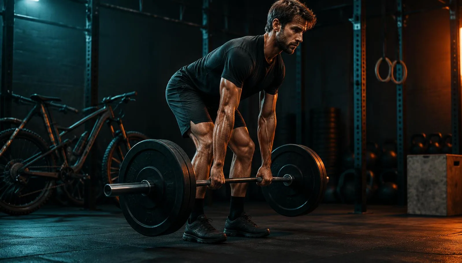 Mountainbiker traint een romanian deadlift met een barbell in een functionele gym