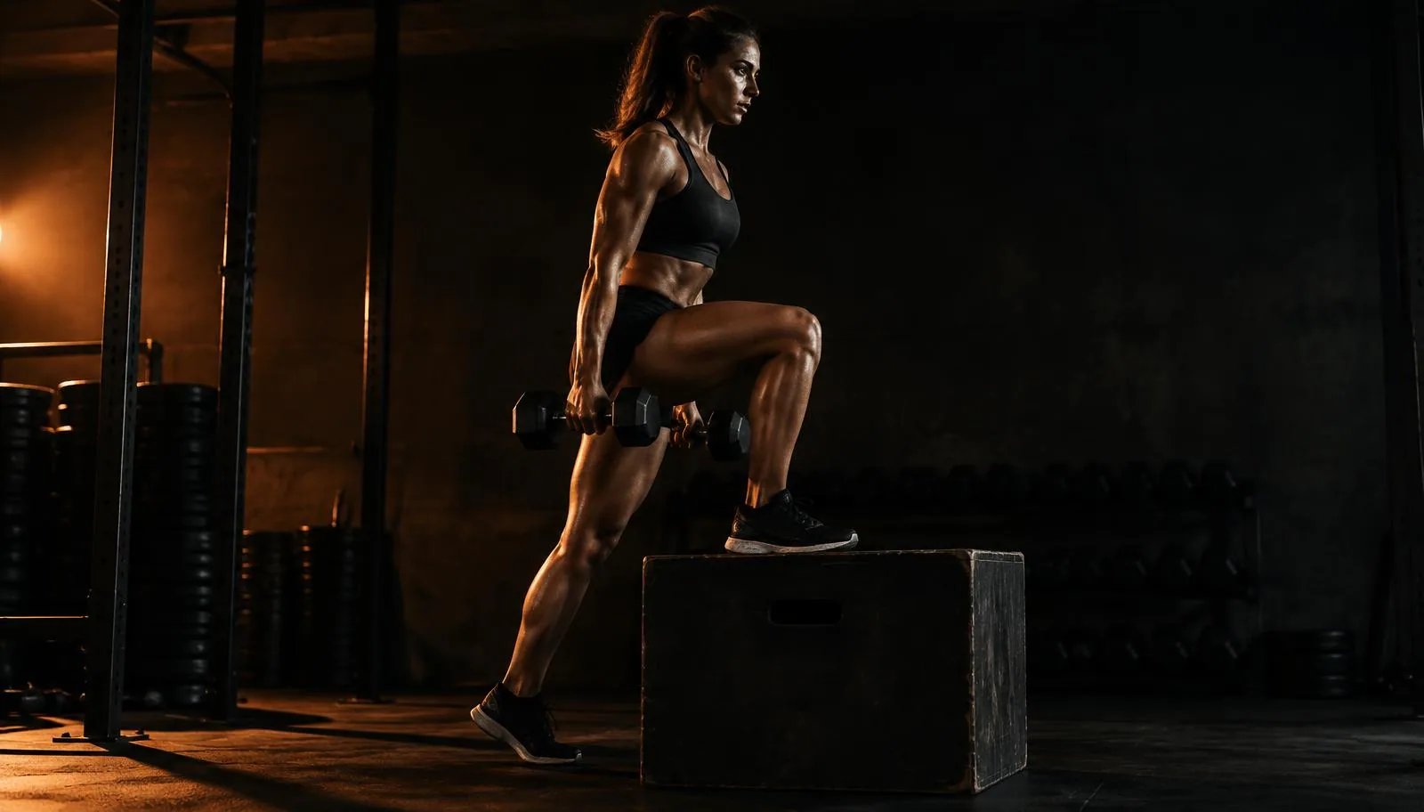 Atleet voert een eenbenige step-up met dumbbells uit in een donkere sportschool