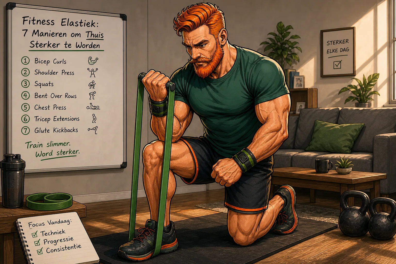 Een atleet die thuis traint met een zwaar fitness elastiek voor maximale spiergroei.