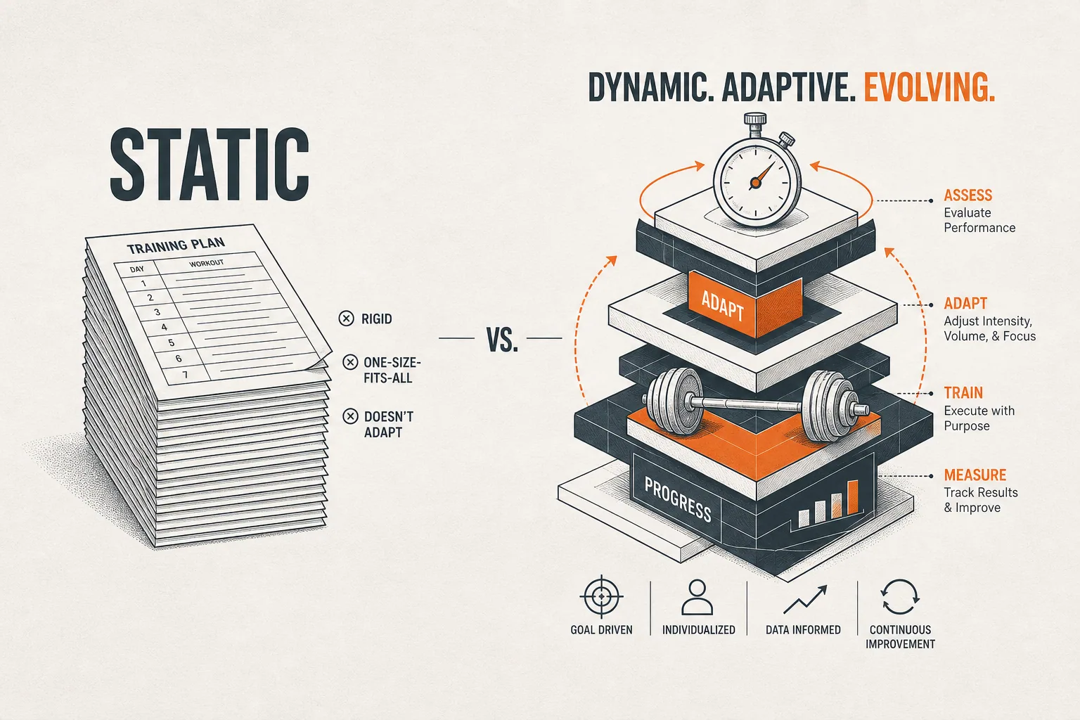 An editorial illustration comparing a static stack of identical paper schedules with a dynamic, orange geometric structure re