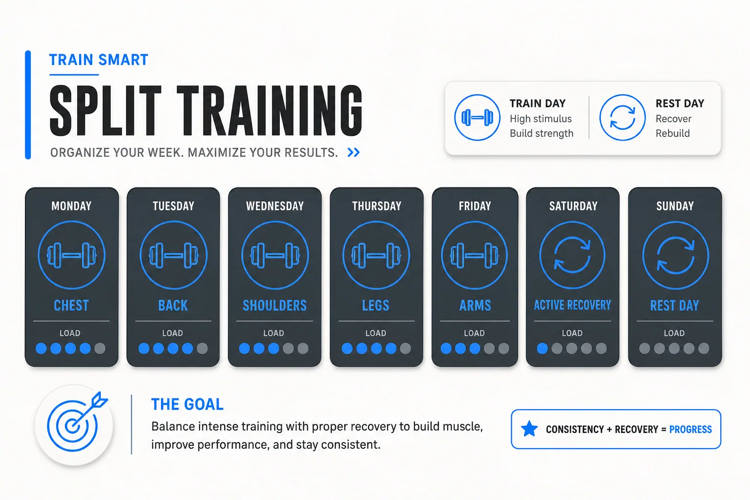 A 16:9 infographic showing a weekly split training schedule with a clean, minimalist layout of seven cards representing train