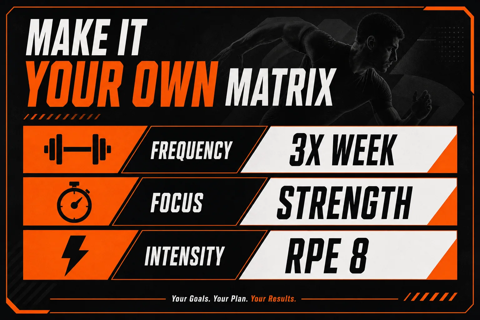 A high-contrast athletic matrix infographic for customizing workout schedules, featuring a modular grid in charcoal, orange, 