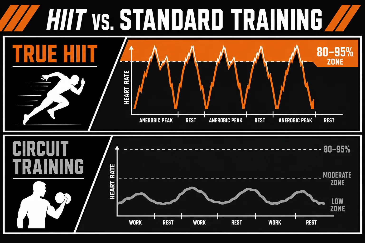 A comparison infographic showing the sharp heart rate spikes of true HIIT training versus the lower intensity of standard cir