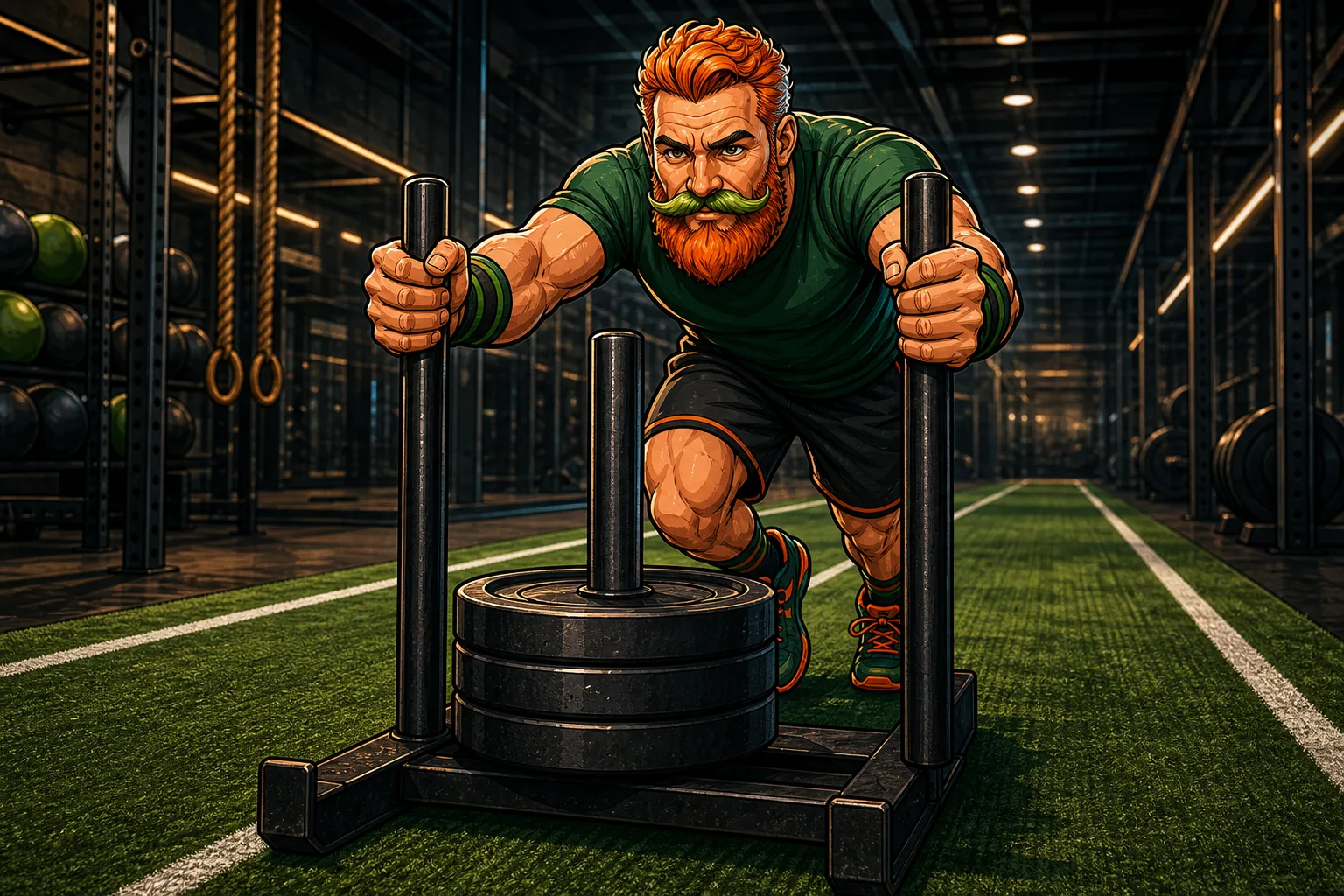 Atleet in functionele kleding voert zware sled push uit