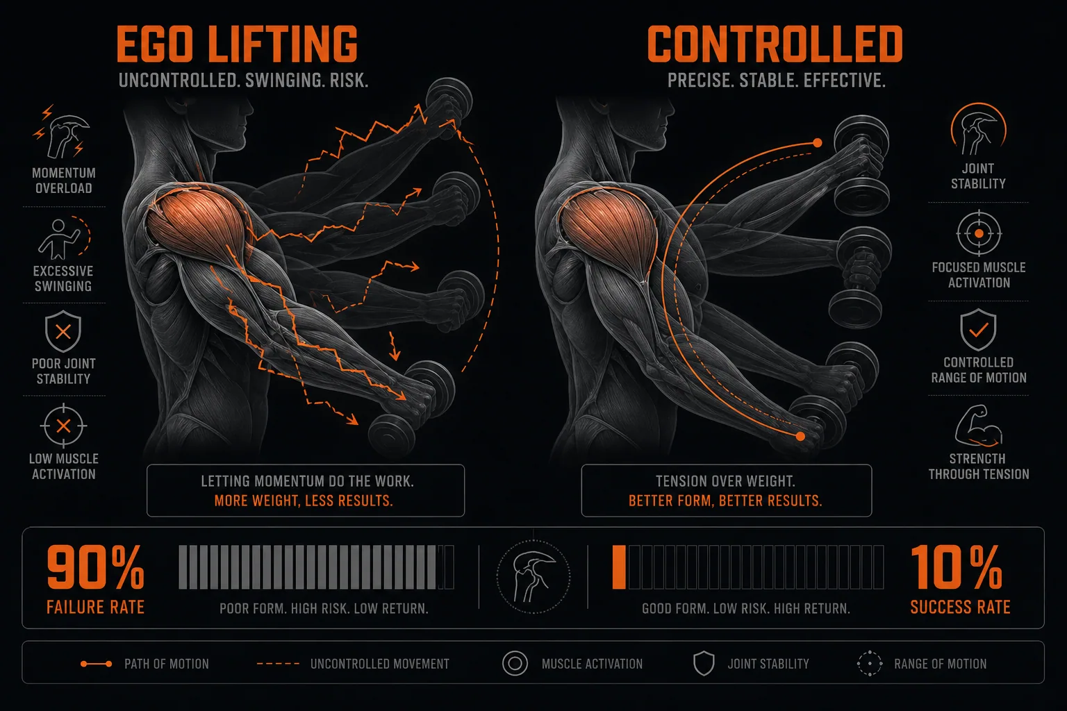 An infographic comparing shoulder training mistakes versus correct form. It shows two vector diagrams of a shoulder; one illu
