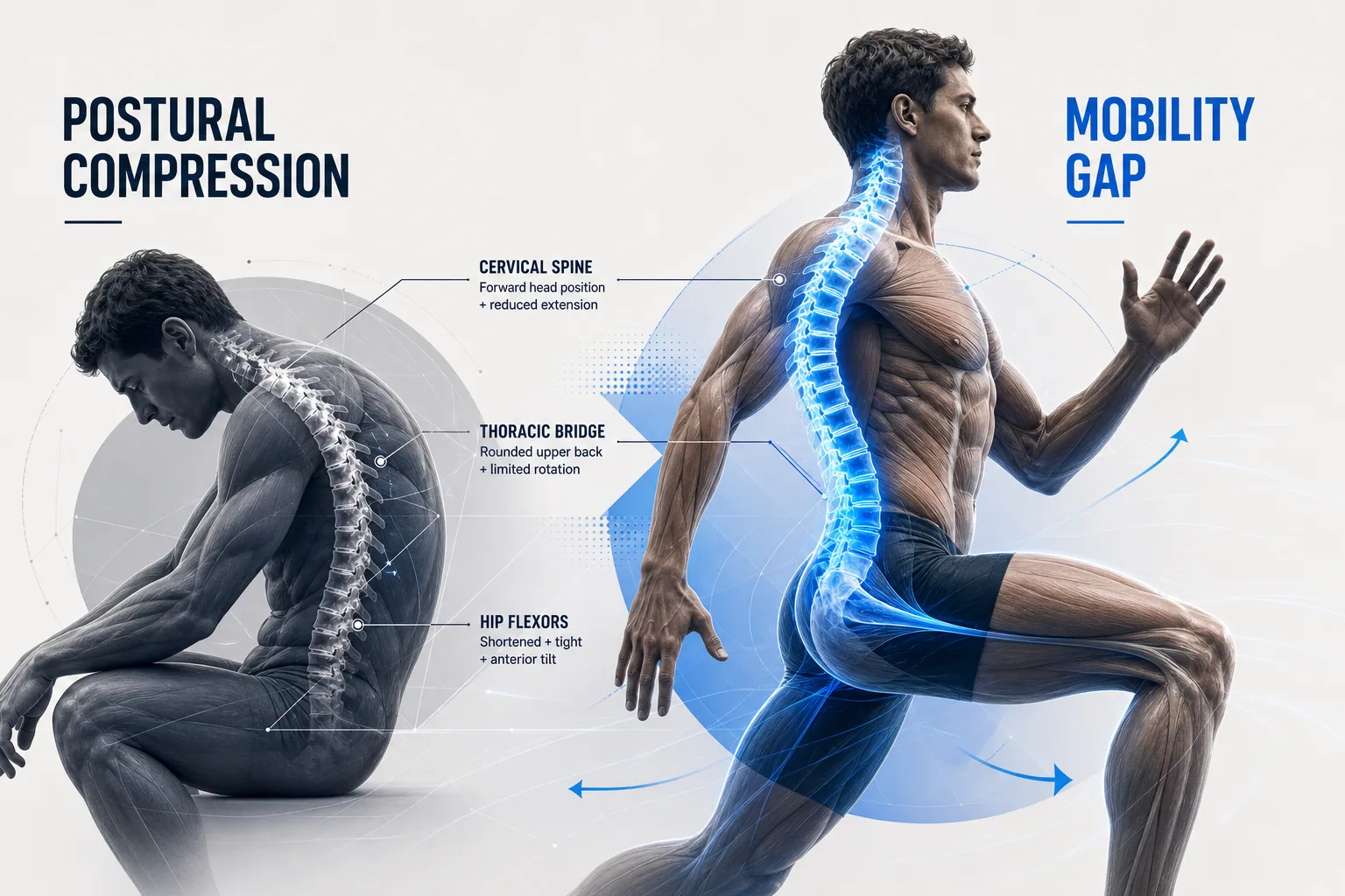 An editorial 3D anatomical infographic showing a comparison between a hunched desk posture and an optimal mobile athletic pos