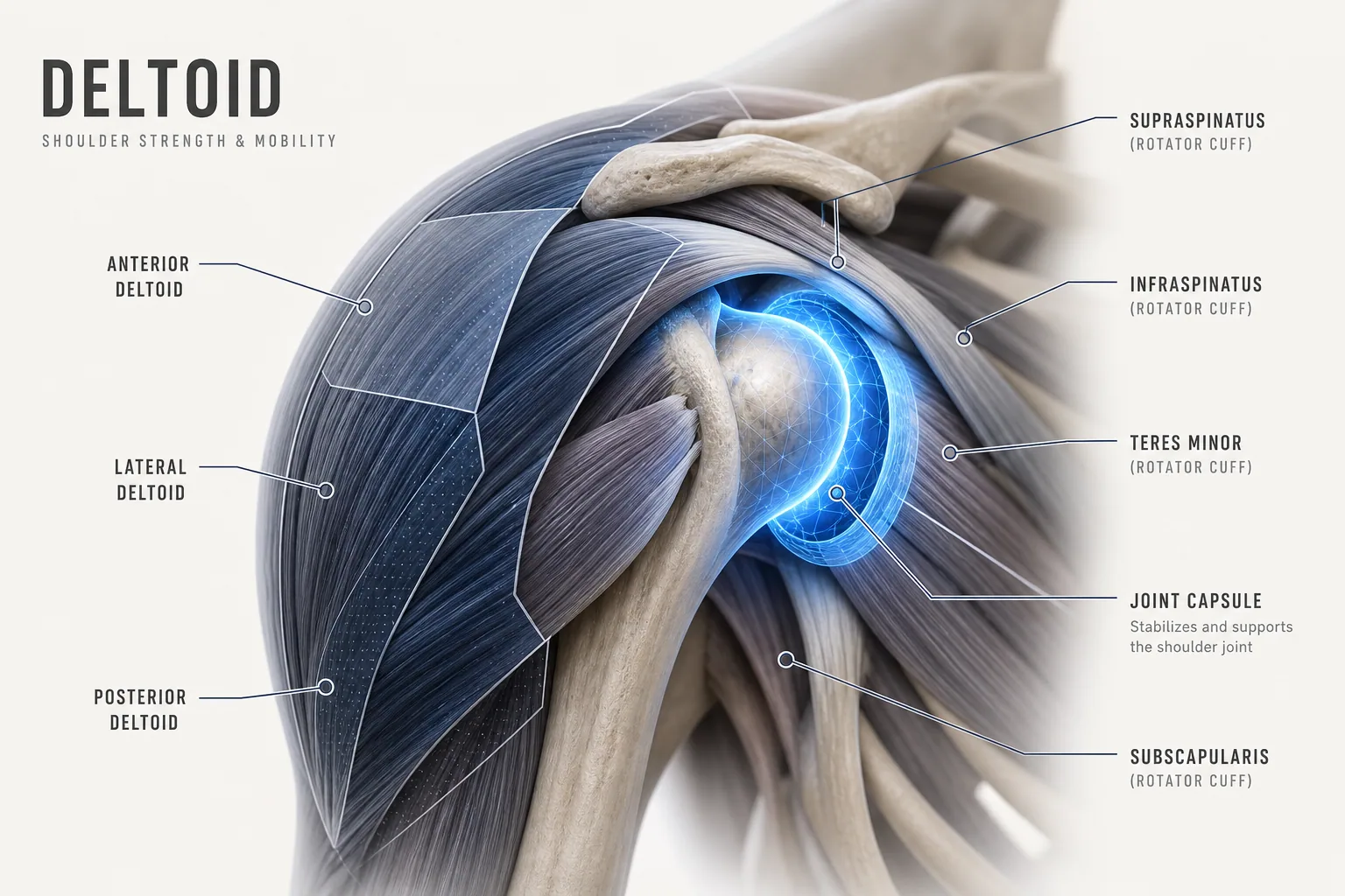 A detailed 3D anatomical infographic of the human shoulder, showing the deltoid muscles and inner joint structure with electr