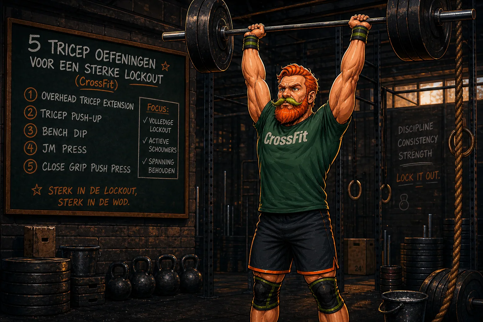 Atleet in een CrossFit box spant triceps aan in een sterke overhead lockout met een halterstang