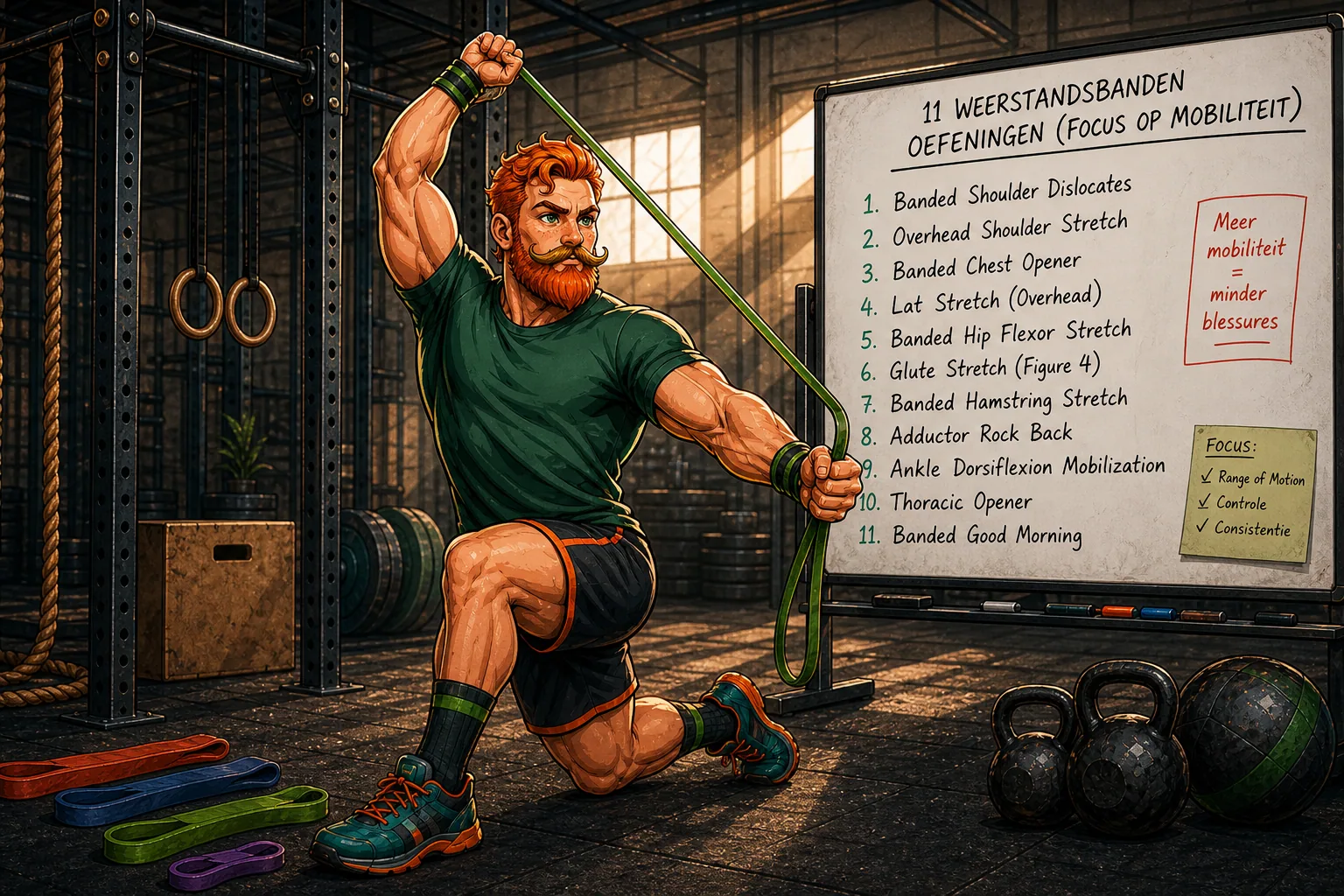 Een atleet die een weerstandsband gebruikt voor schoudermobiliteit in een CrossFit box.